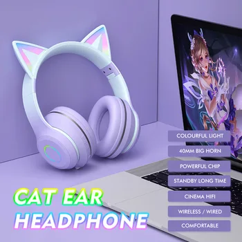 Lepe Risanke Mačka Ušesa Brezžične Slušalke Zložljive Utripajoče Led Luči Gaming Slušalke Z Mikrofonom Nad Uho Glasbe Bluetooth Slušalke Slike