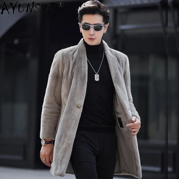 AYUNSUE Pravi Mink Fur Coats Moške Zimske Jakne 2023 High-end Naravno Krzno Plašč Proti-vrat Mink Suknjič Mid-dolžina Outwear Jaqueta Slike