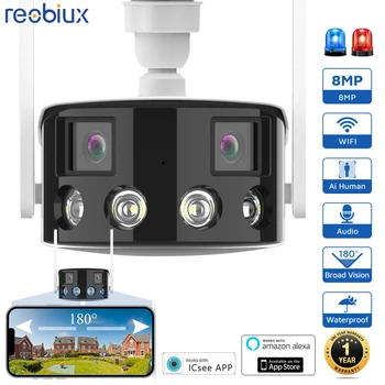Reobiux Wifi Panoramski Fotoaparat 8MP 180° Široko Dvojno Objektiv IP Cam Zunanji Nadzor CCTV Kamere H. 265 Home Security Protection Cam Slike