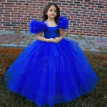 Očarljivo Royal Blue Flower Girl Oblačenja Otrok Dolgo Til Beaded Princesa Rojstni Dan, Poroko Ruffles Prvo Obhajilo Žogo Halje Slike