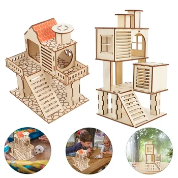 2 KOS Hrček Villa Chinchilla Igrače za Hišne živali Skrivališče Hiše, Gradnja Lesenih Usposabljanje Zabaven Predor Plaything Slike